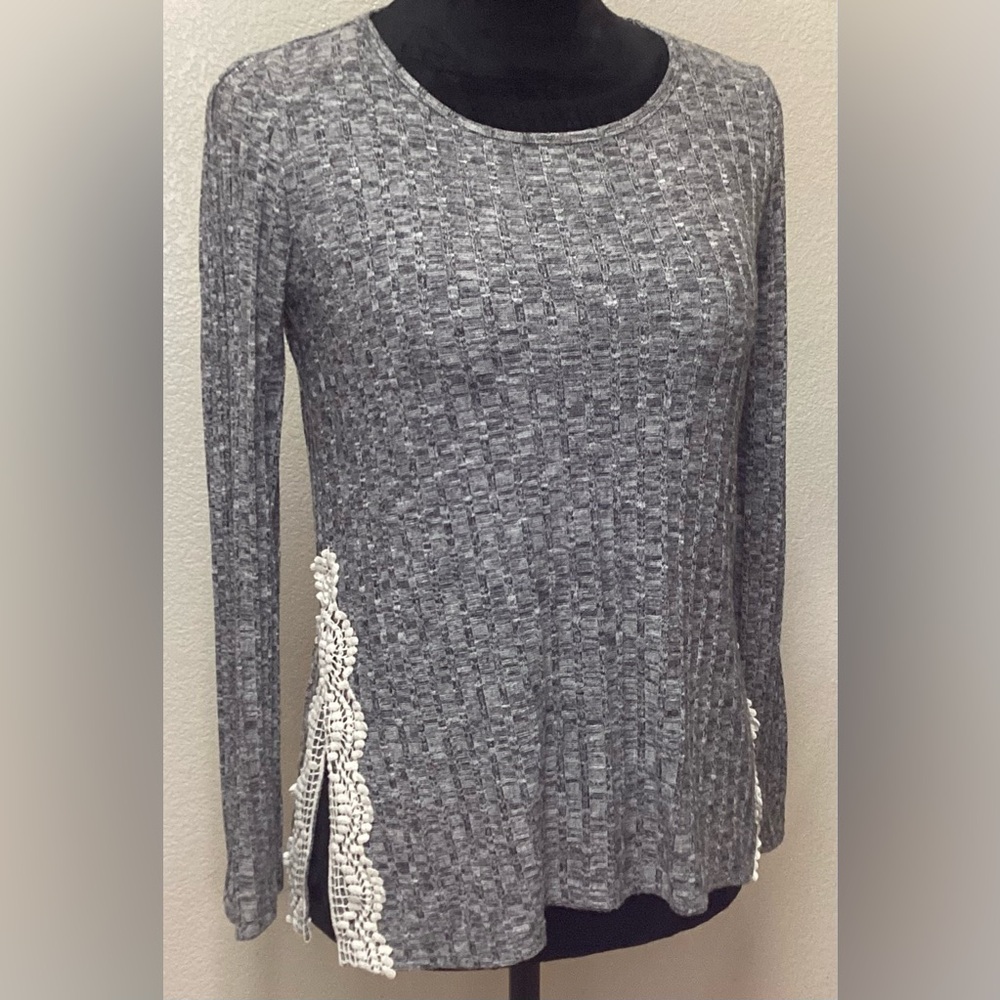 Rewind Long Sleeve Blouse lace accents heathered mix black white gray